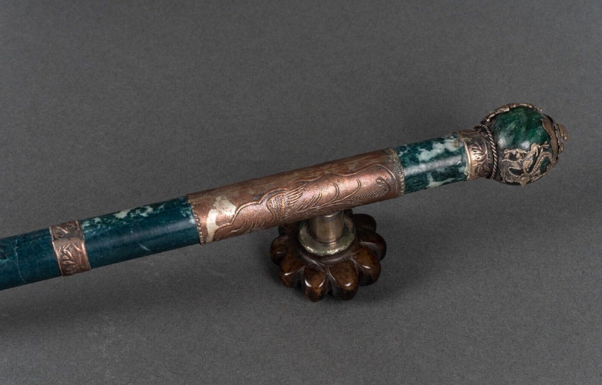 Hard Stone And Silver Plated Metal Pipe, China, Lion's Head, Early 20th Century-photo-1