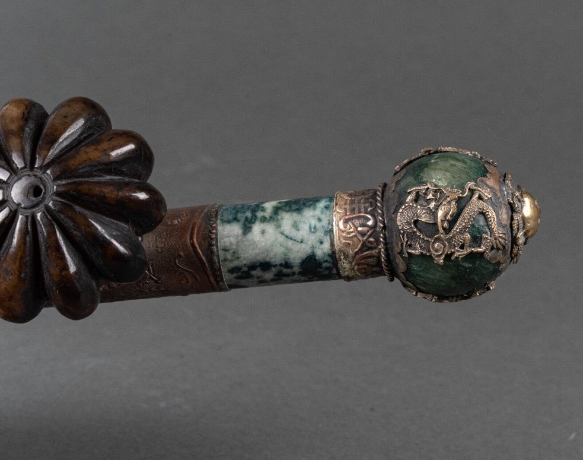 Hard Stone And Silver Plated Metal Pipe, China, Lion's Head, Early 20th Century-photo-2