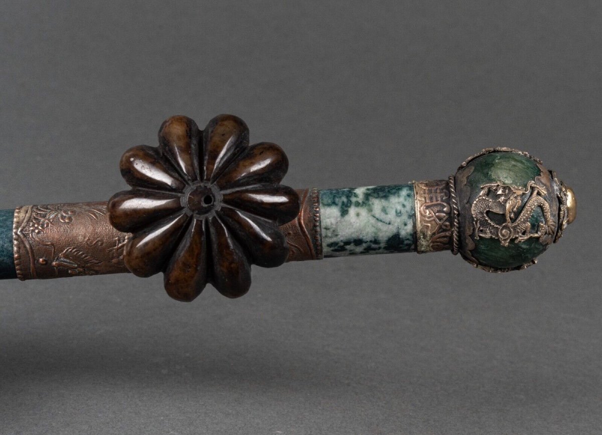 Hard Stone And Silver Plated Metal Pipe, China, Lion's Head, Early 20th Century-photo-3