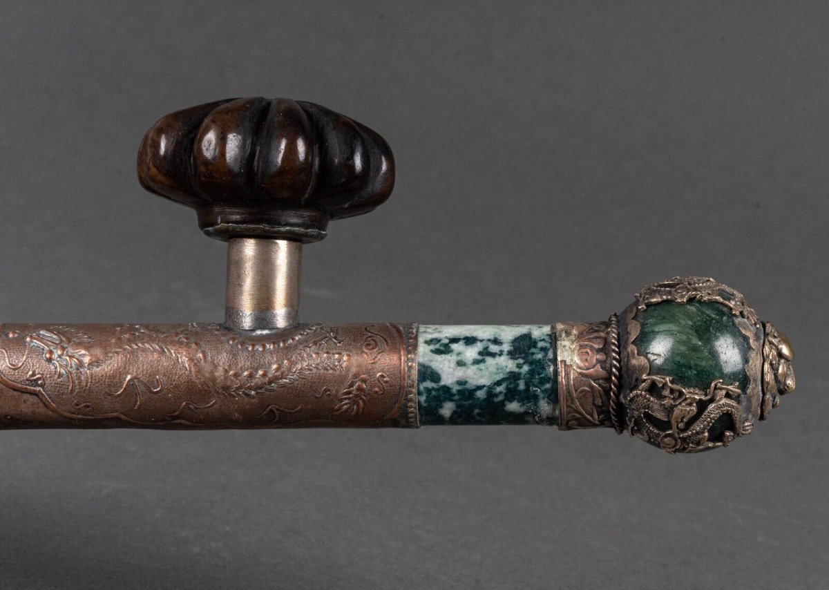 Hard Stone And Silver Plated Metal Pipe, China, Lion's Head, Early 20th Century-photo-4