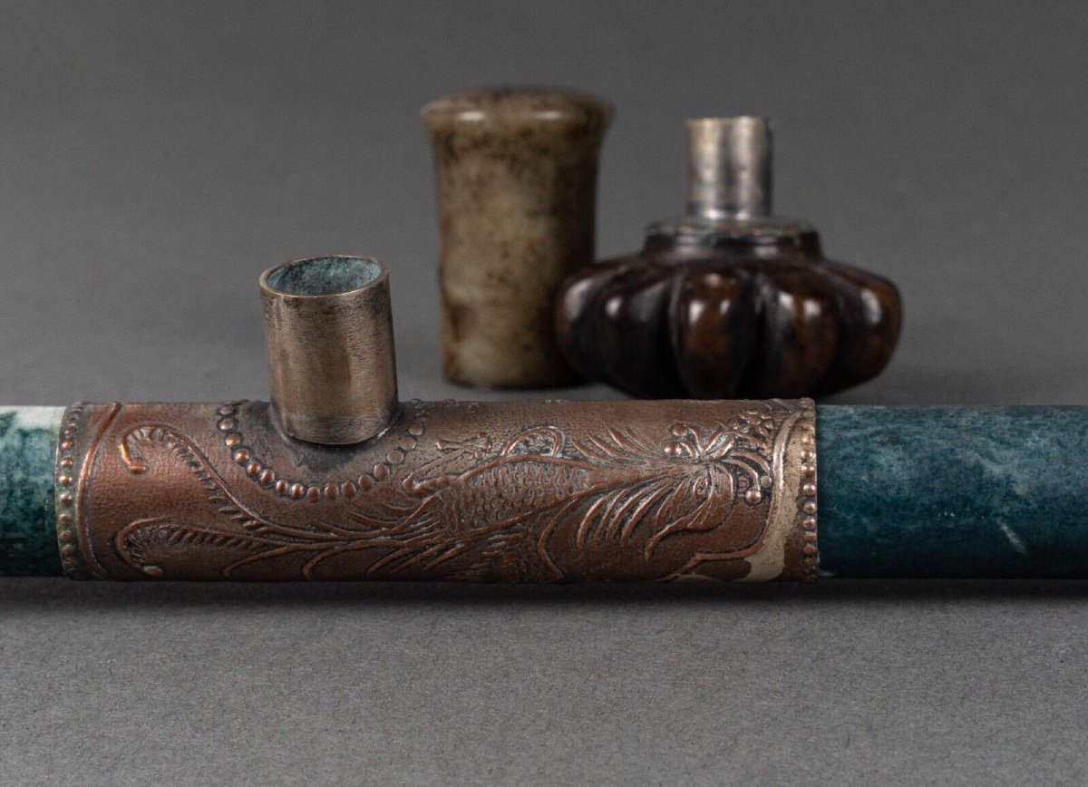 Hard Stone And Silver Plated Metal Pipe, China, Lion's Head, Early 20th Century-photo-5