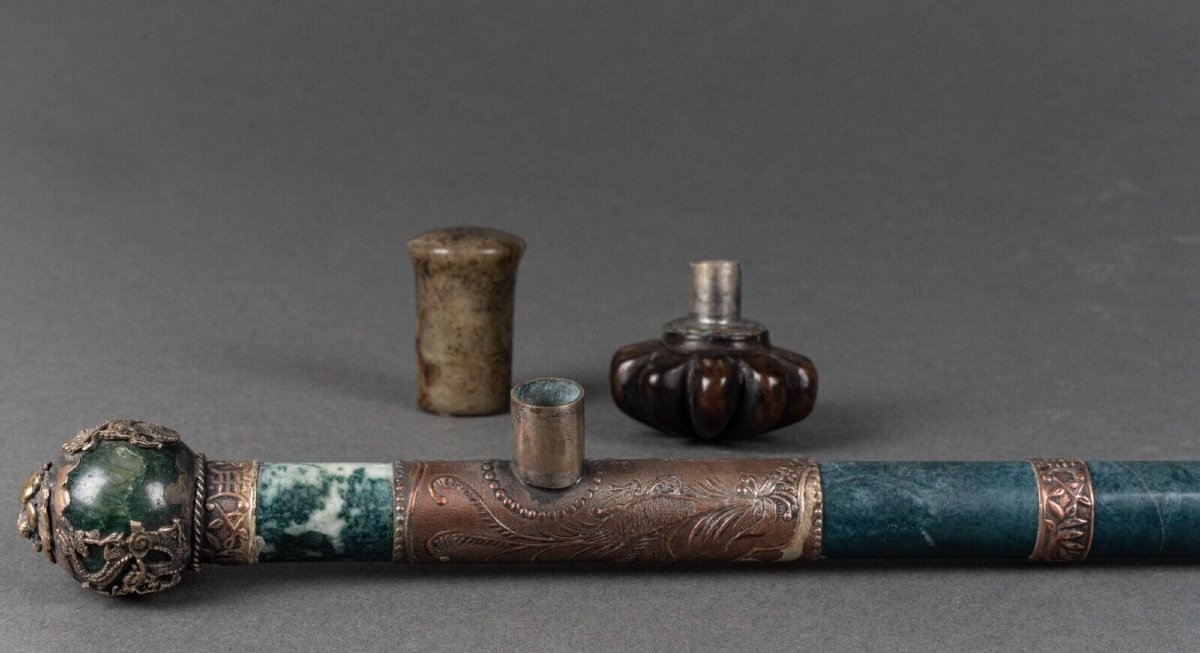 Hard Stone And Silver Plated Metal Pipe, China, Lion's Head, Early 20th Century-photo-6