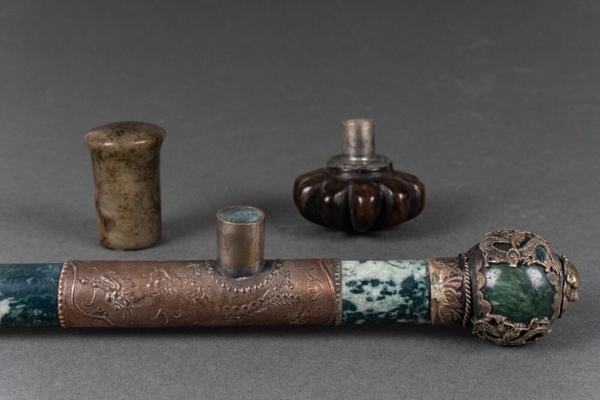 Hard Stone And Silver Plated Metal Pipe, China, Lion's Head, Early 20th Century-photo-7