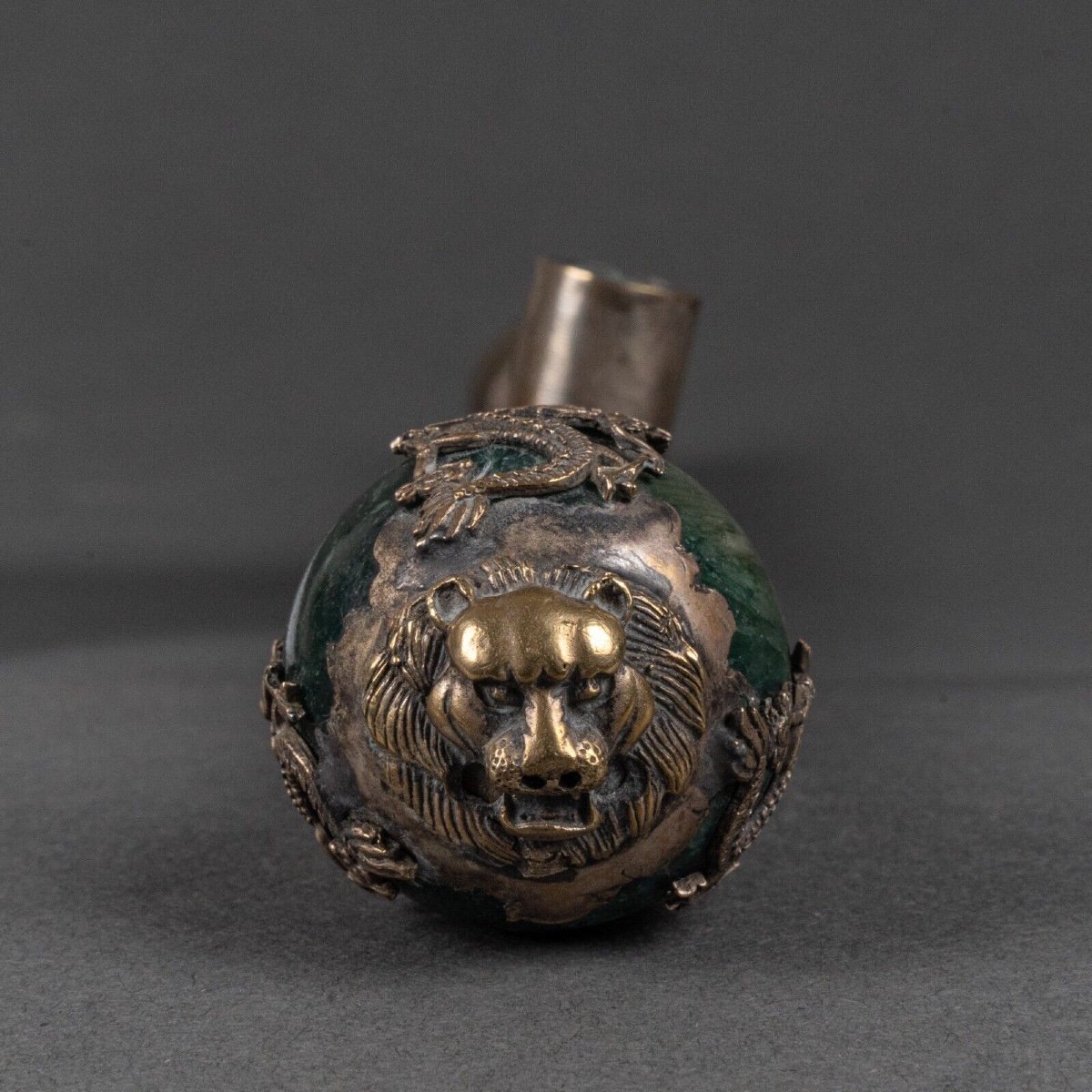 Hard Stone And Silver Plated Metal Pipe, China, Lion's Head, Early 20th Century-photo-8