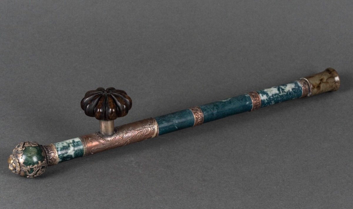 Hard Stone And Silver Plated Metal Pipe, China, Lion's Head, Early 20th Century