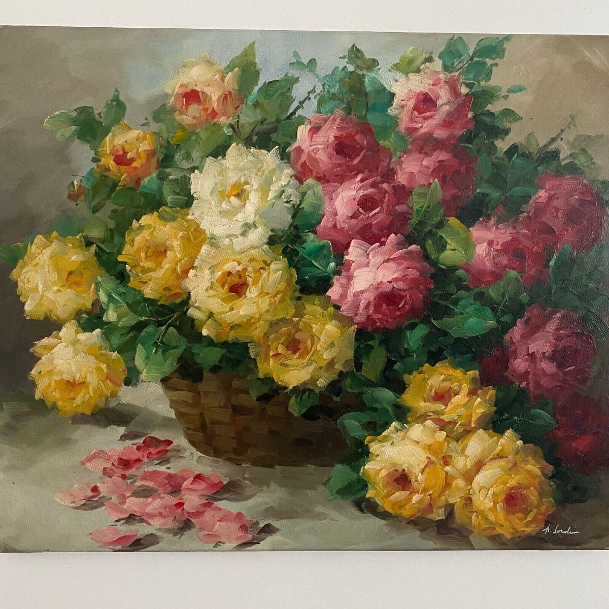 Oil On Canvas Still Life Bouquet Of Roses 20th Century By A. Jordin-photo-2