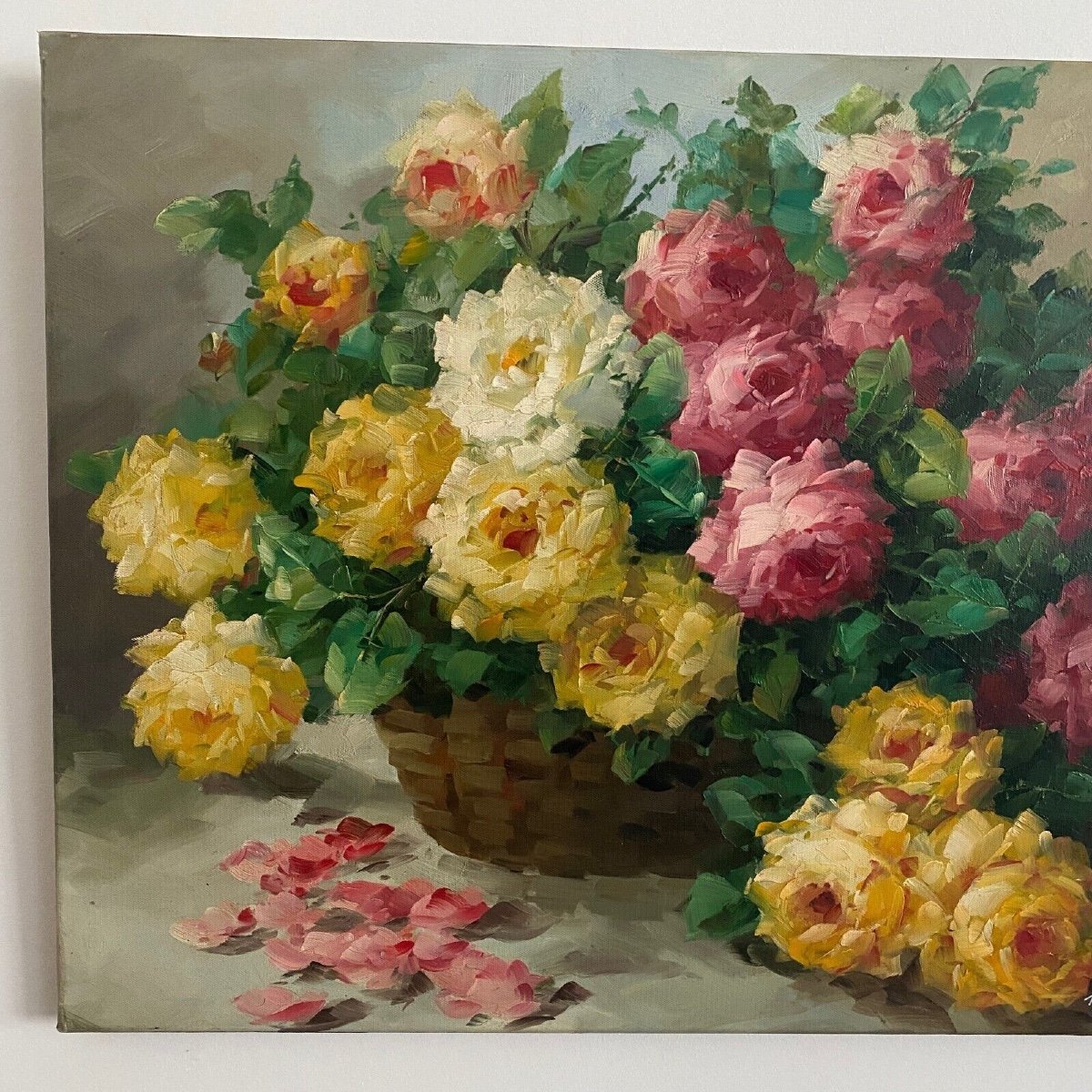 Oil On Canvas Still Life Bouquet Of Roses 20th Century By A. Jordin-photo-3