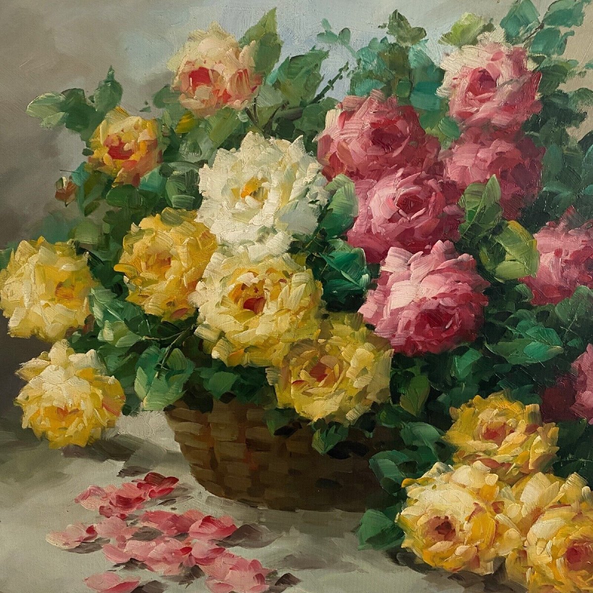 Oil On Canvas Still Life Bouquet Of Roses 20th Century By A. Jordin-photo-4