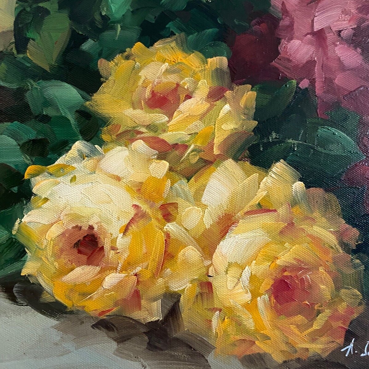 Oil On Canvas Still Life Bouquet Of Roses 20th Century By A. Jordin-photo-3