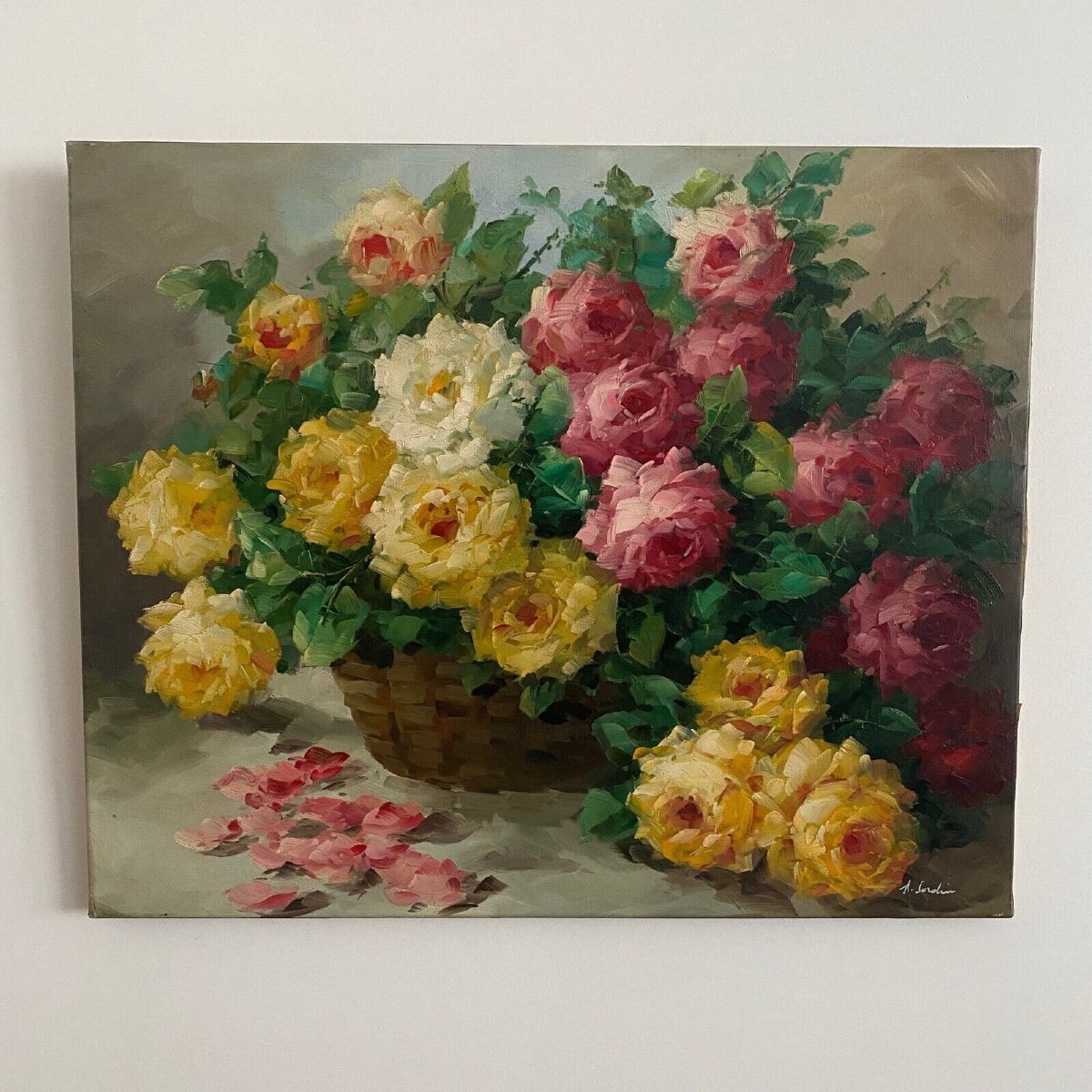 Oil On Canvas Still Life Bouquet Of Roses 20th Century By A. Jordin