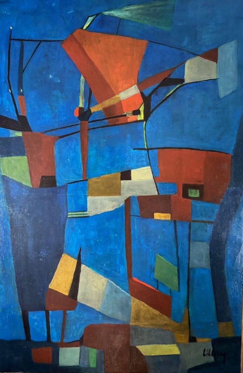 Oil On Canvas By Jean Billecocq 20th Century Geometric Abstraction-photo-2