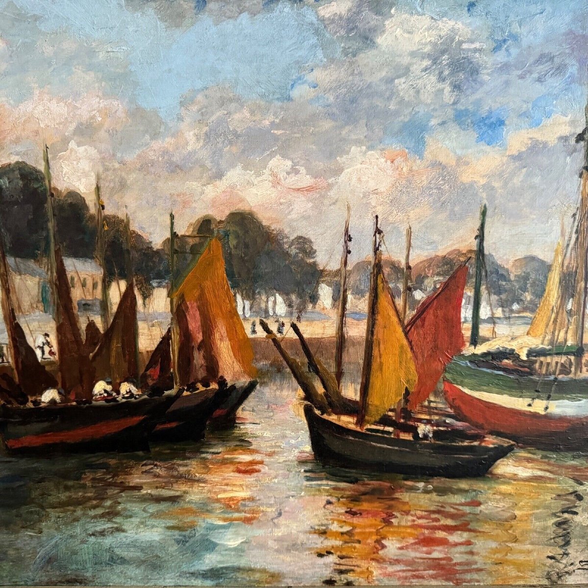 Oil On Cardboard By Henri Malfroy-savigny Fishing Port-photo-3