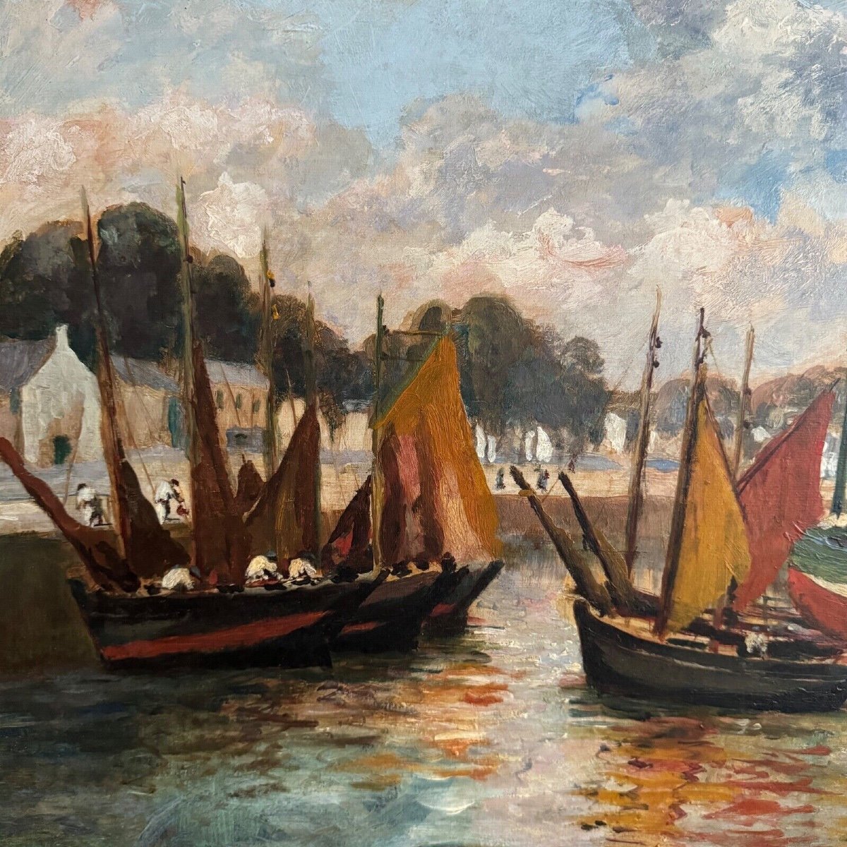 Oil On Cardboard By Henri Malfroy-savigny Fishing Port-photo-1