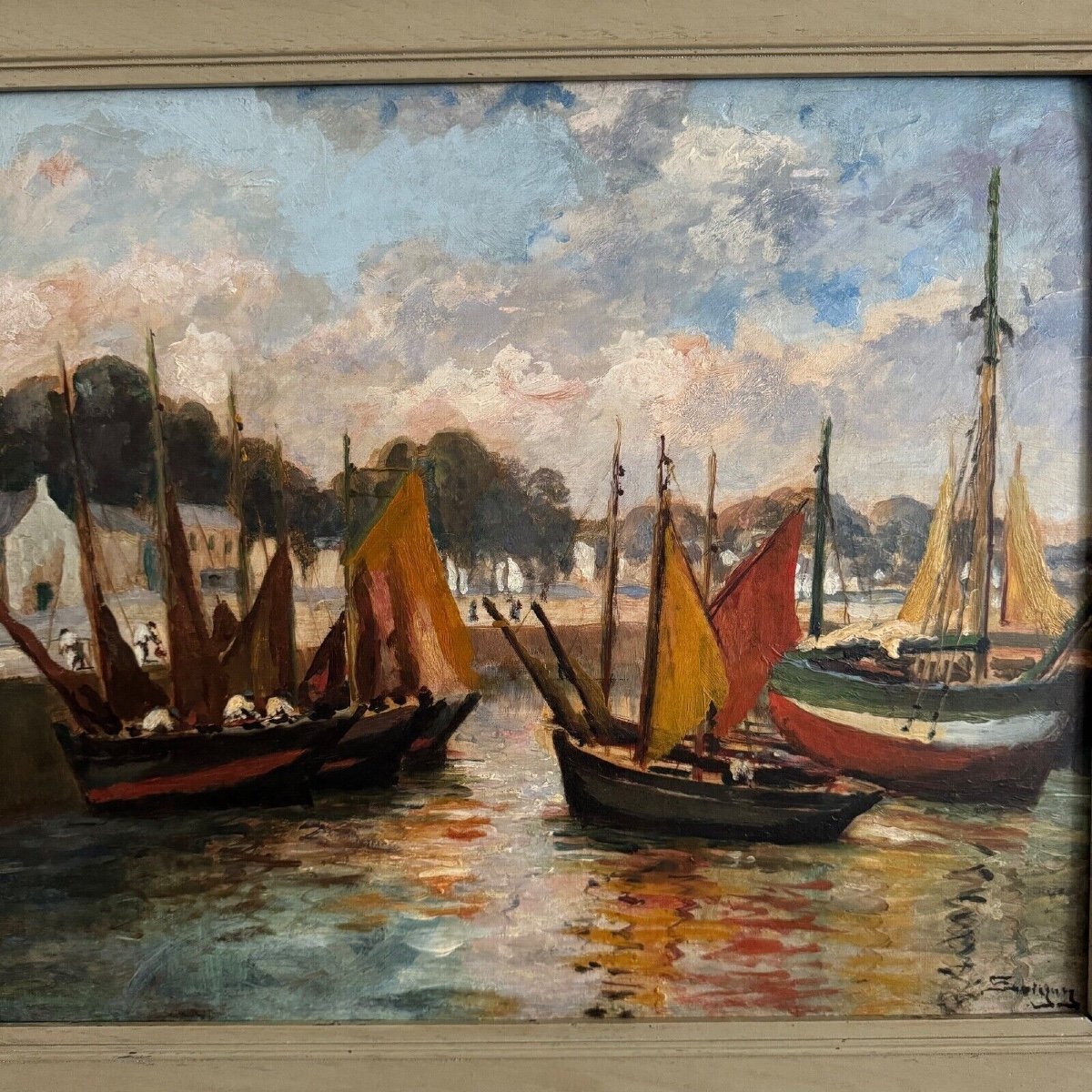 Oil On Cardboard By Henri Malfroy-savigny Fishing Port-photo-2