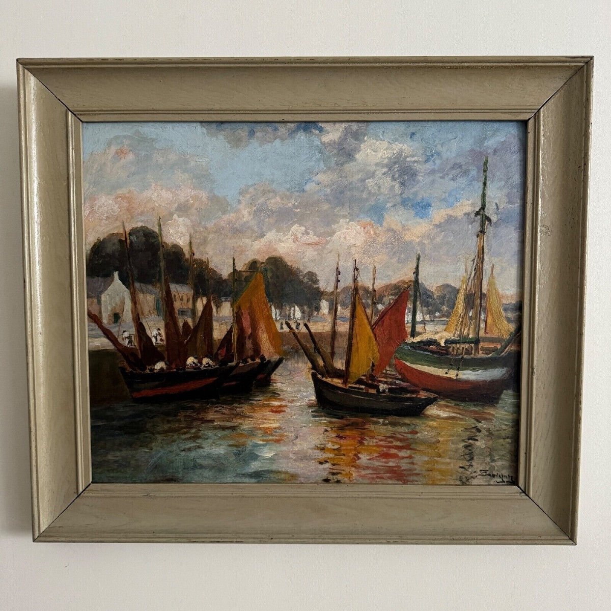 Oil On Cardboard By Henri Malfroy-savigny Fishing Port