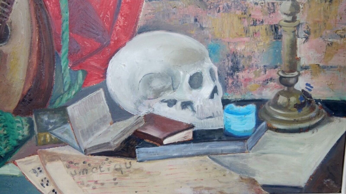 Oil On Cardboard Still Life With Mandolin And Skull-photo-3