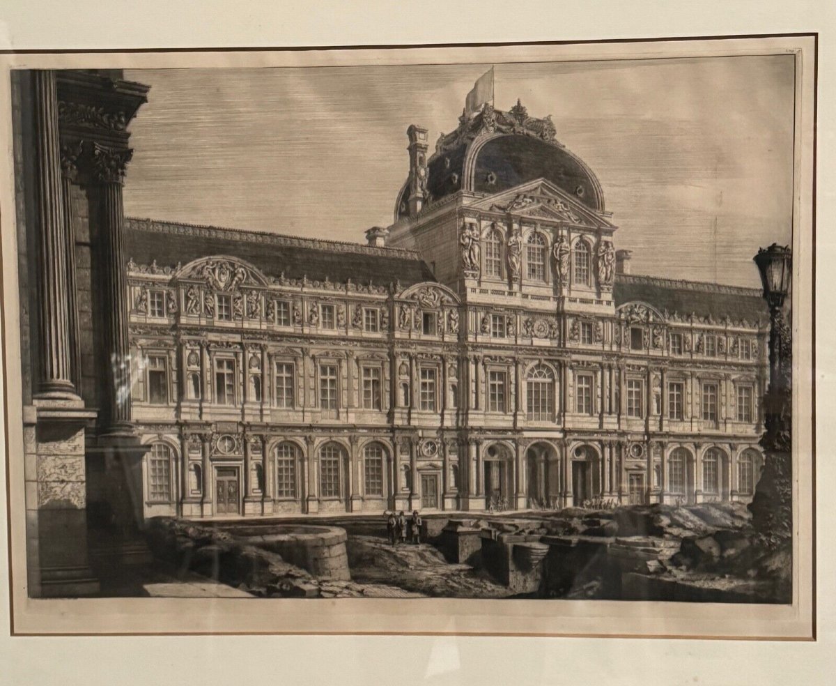 19th Century Engraving The Louvre Henri II Facade By Octave Guillaume Rochebrune-photo-2