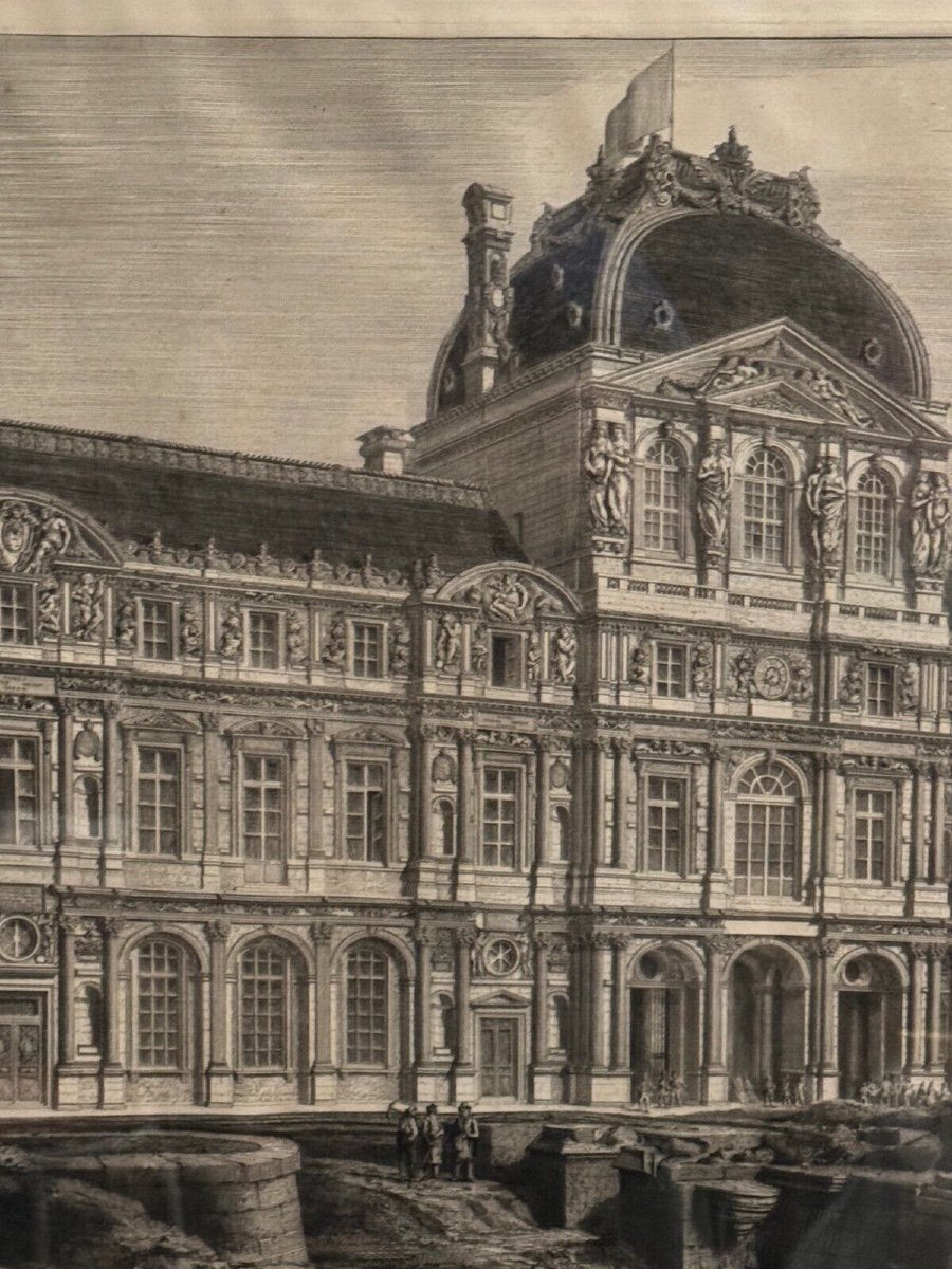 19th Century Engraving The Louvre Henri II Facade By Octave Guillaume Rochebrune-photo-3