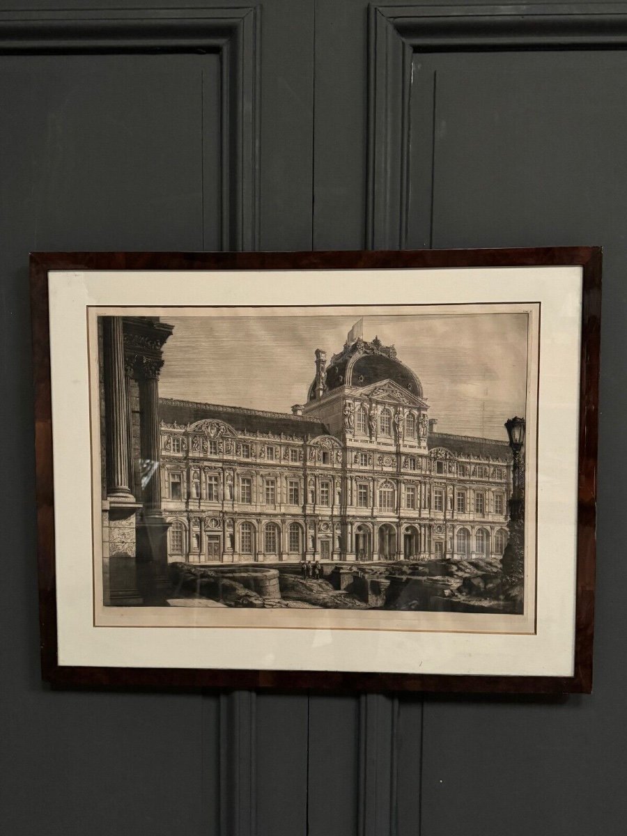 19th Century Engraving The Louvre Henri II Facade By Octave Guillaume Rochebrune