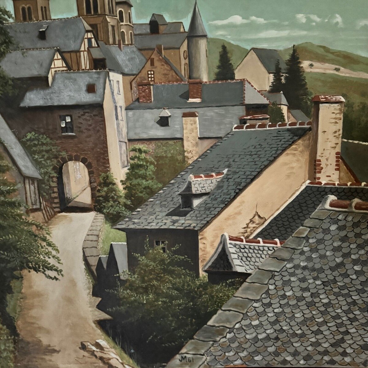 Oil On Panel Depicting A Village In 1961-photo-1