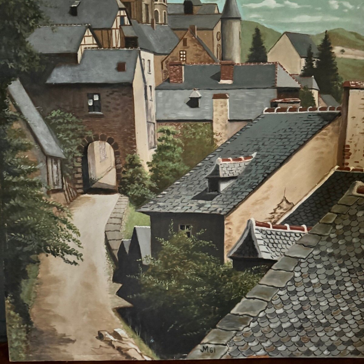 Oil On Panel Depicting A Village In 1961-photo-2