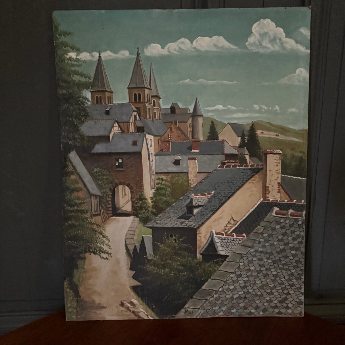 Oil On Panel Depicting A Village In 1961