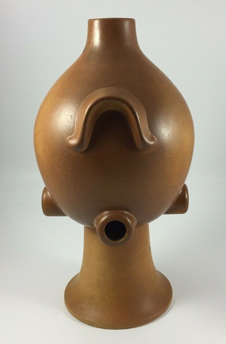 Vintage 1960s Ceramic Sculpture With Brown Patina Application-photo-1