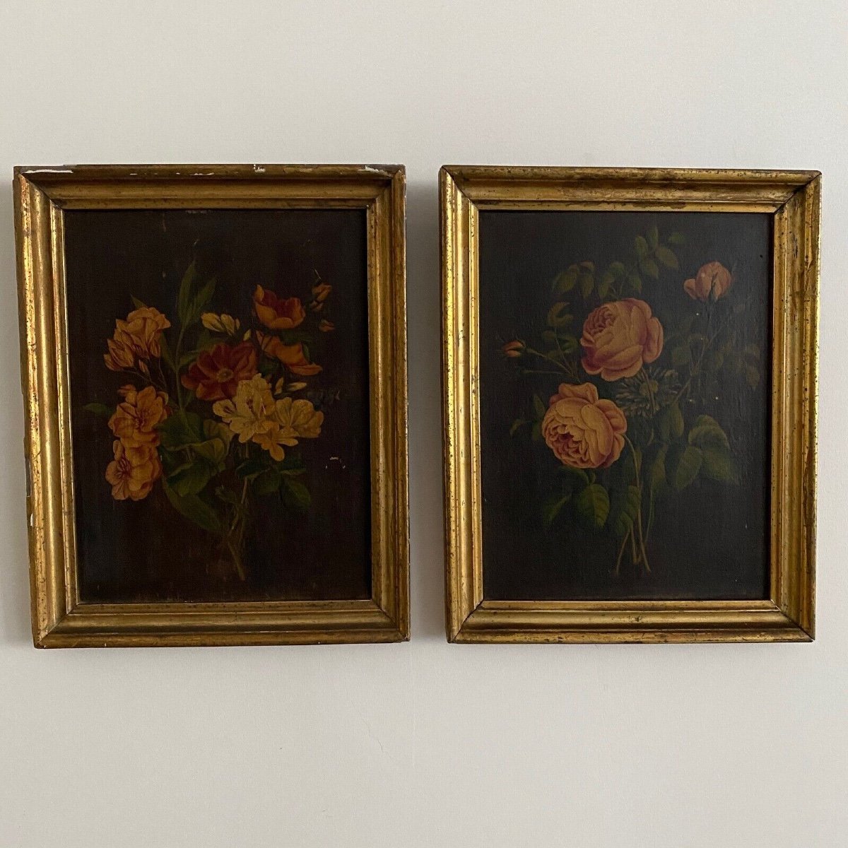 Pair Of Still Lifes, Oils On Cardboard, Late 19th Century, Bouquets Of Flowers