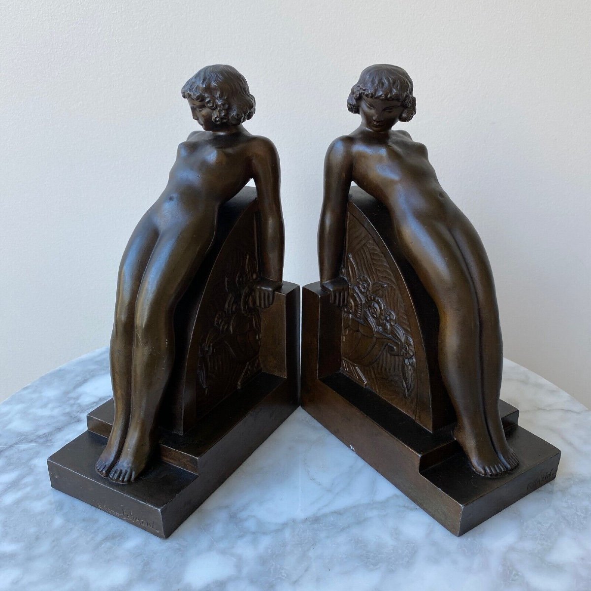 Pair Of Bookends By F. Bazin Art Deco 1930 Patinated Metal-photo-2