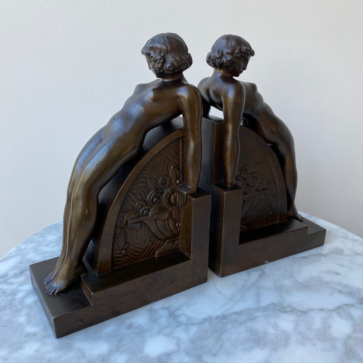 Pair Of Bookends By F. Bazin Art Deco 1930 Patinated Metal-photo-4