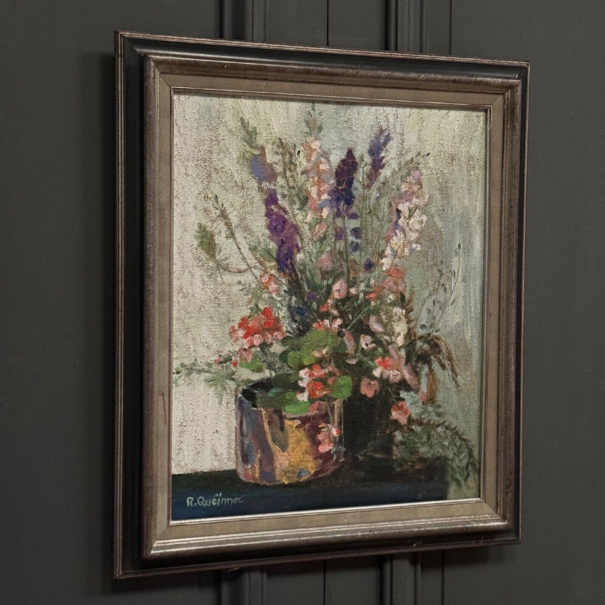 Huile sur toile nature morte aux fleurs par R. Queïnnec milieu XXe-photo-2