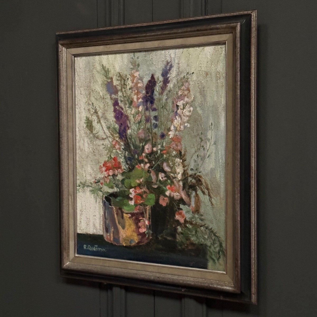 Huile sur toile nature morte aux fleurs par R. Queïnnec milieu XXe-photo-3