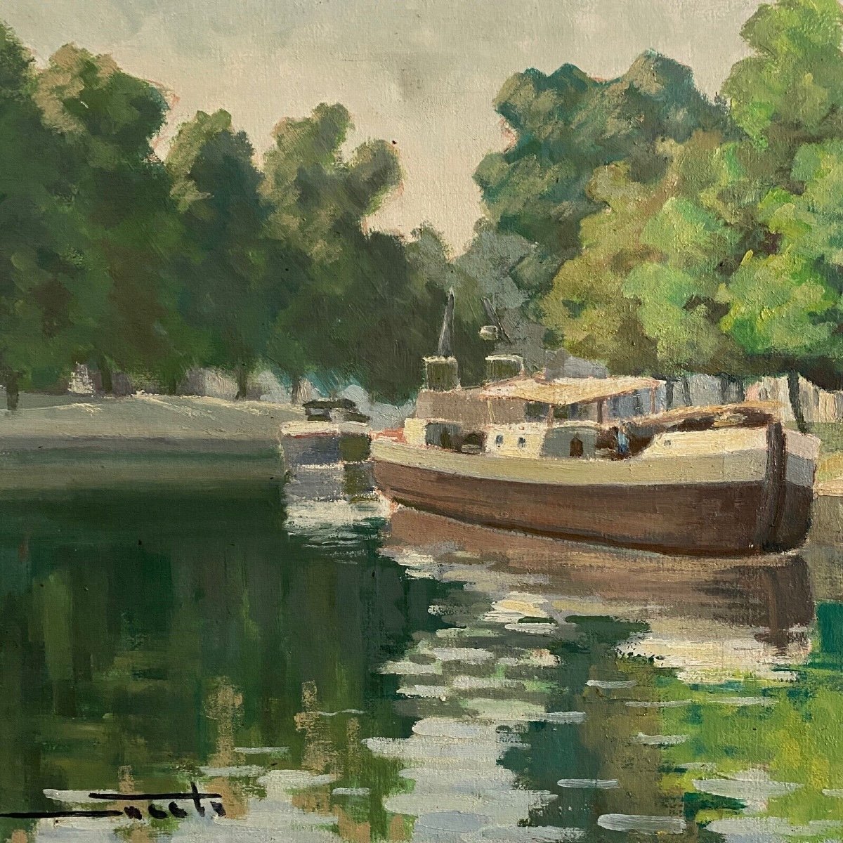 Huile sur toile XXe péniche sur les bords de l'Erdre Nantes-photo-4