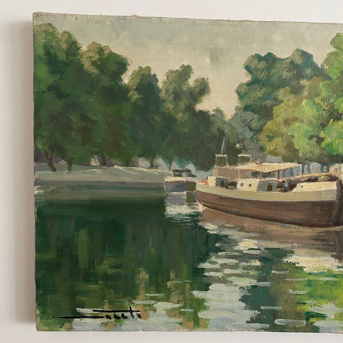 Huile sur toile XXe péniche sur les bords de l'Erdre Nantes-photo-1