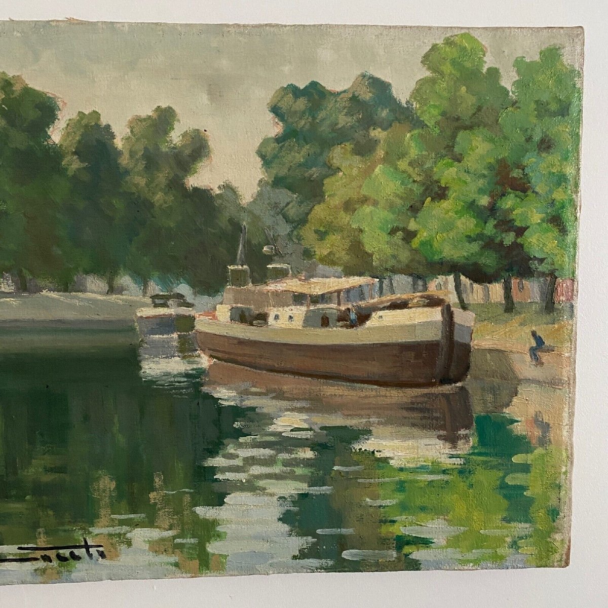 Huile sur toile XXe péniche sur les bords de l'Erdre Nantes-photo-2