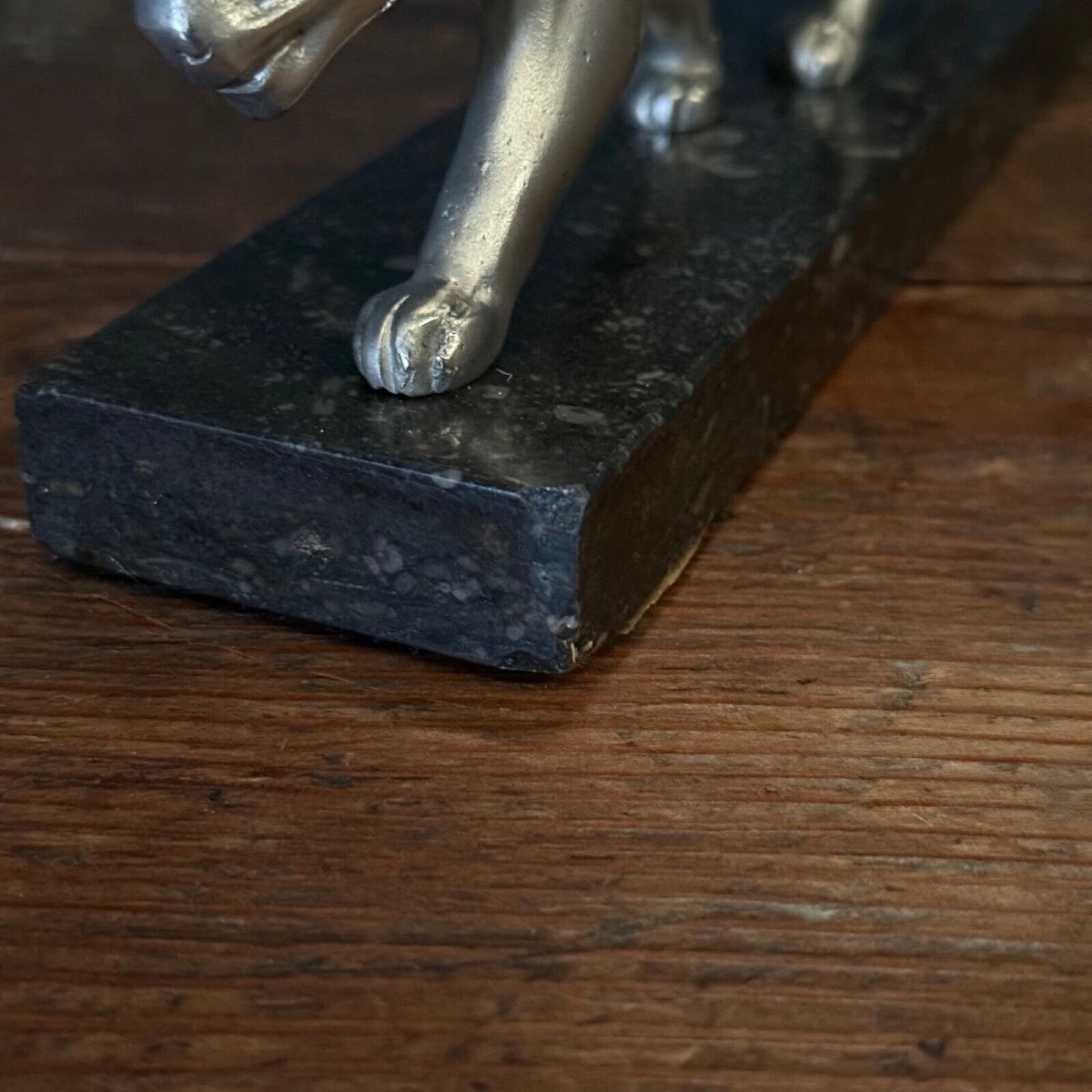 Art Deco Walking Panther In Silvered Bronze On Black Marble Base-photo-5