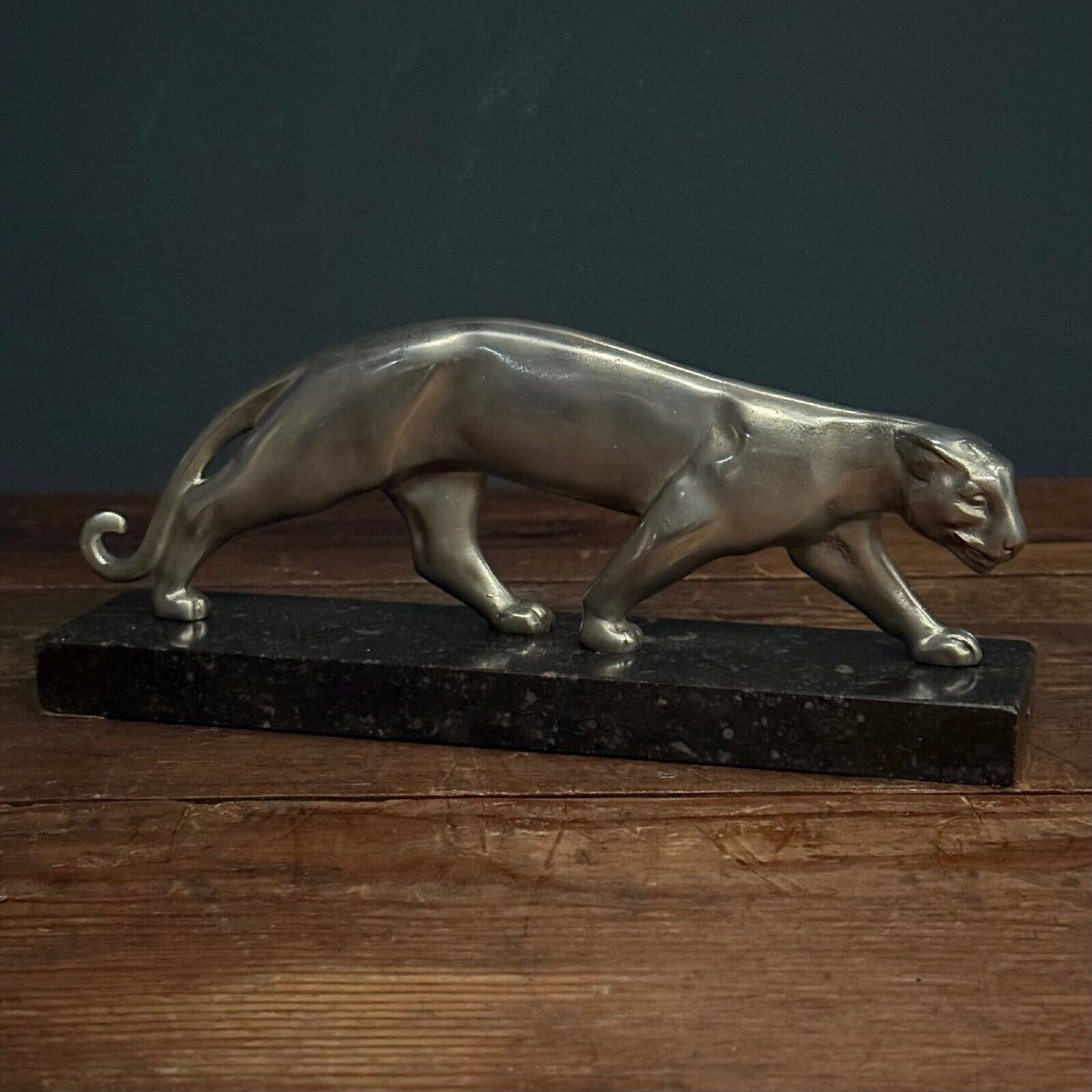 Art Deco Walking Panther In Silvered Bronze On Black Marble Base