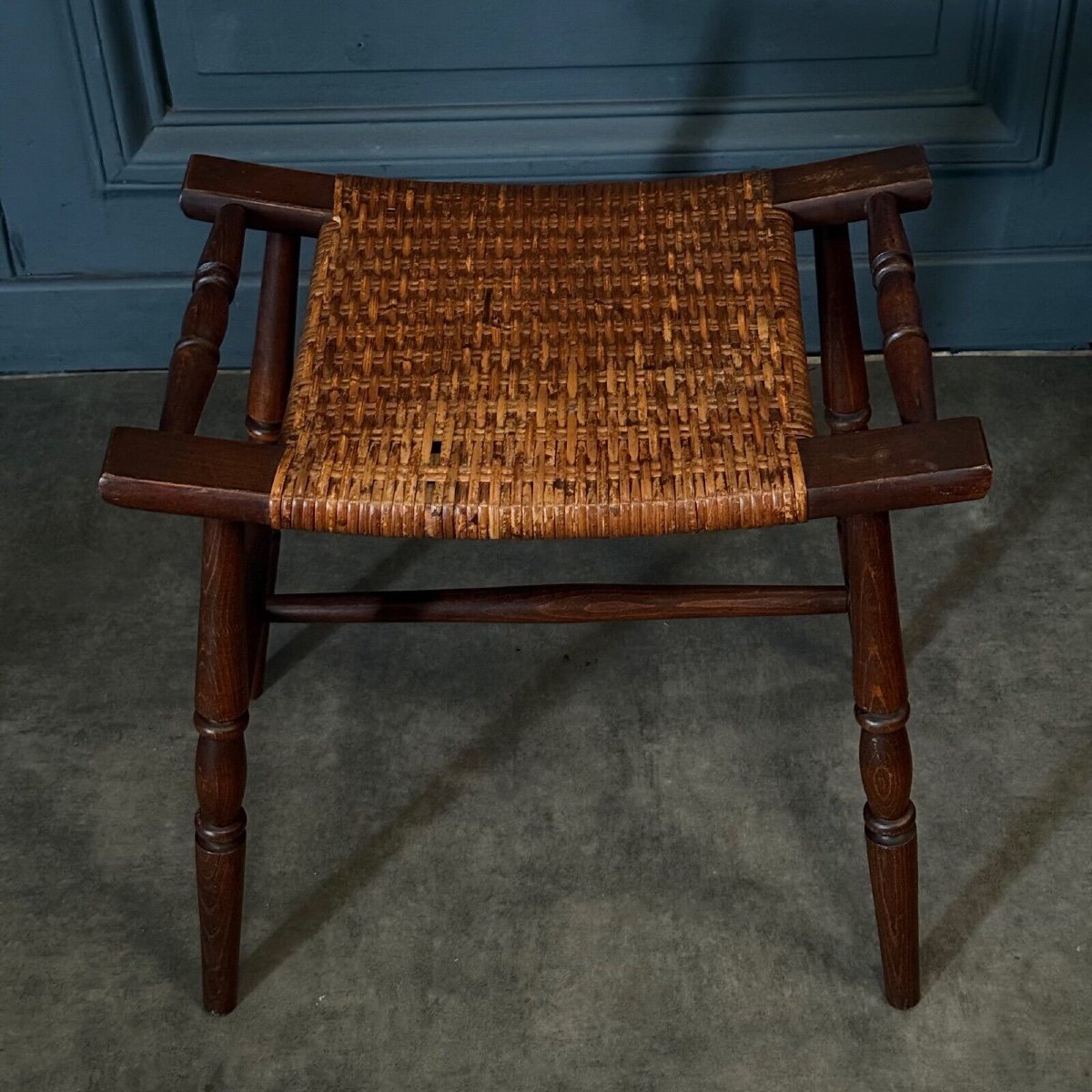 Oakwood 20th Century Turned Wood And Wicker Stool-photo-2