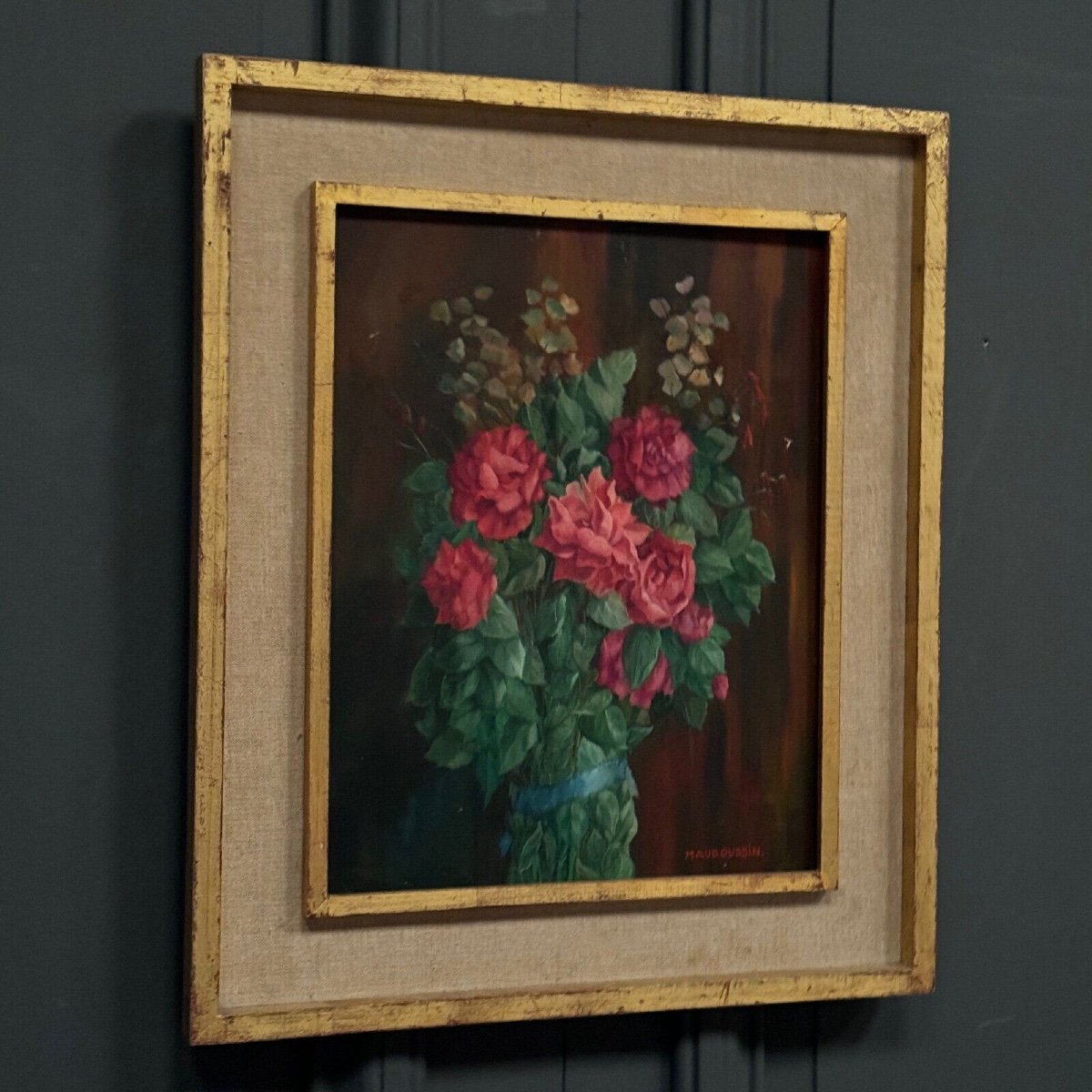 Oil On Wood Still Life Bouquet Of Roses 20th Century By Mauboussin-photo-2