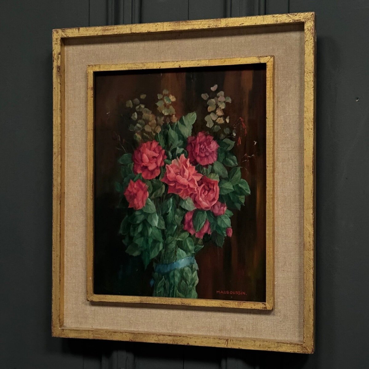 Oil On Wood Still Life Bouquet Of Roses 20th Century By Mauboussin-photo-3