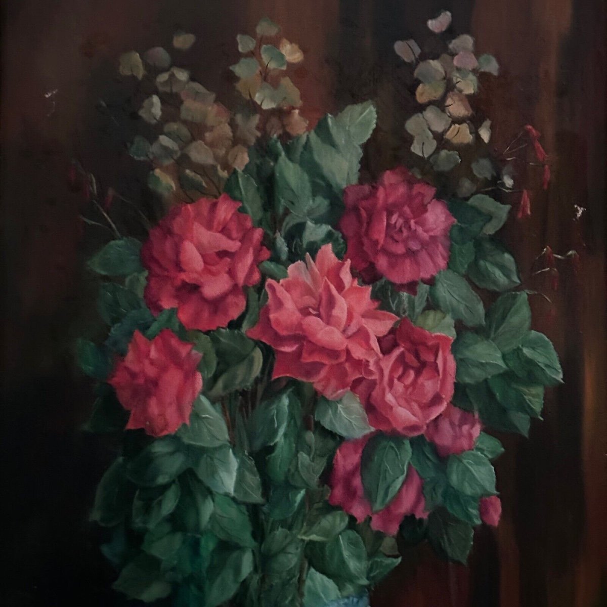 Oil On Wood Still Life Bouquet Of Roses 20th Century By Mauboussin-photo-1