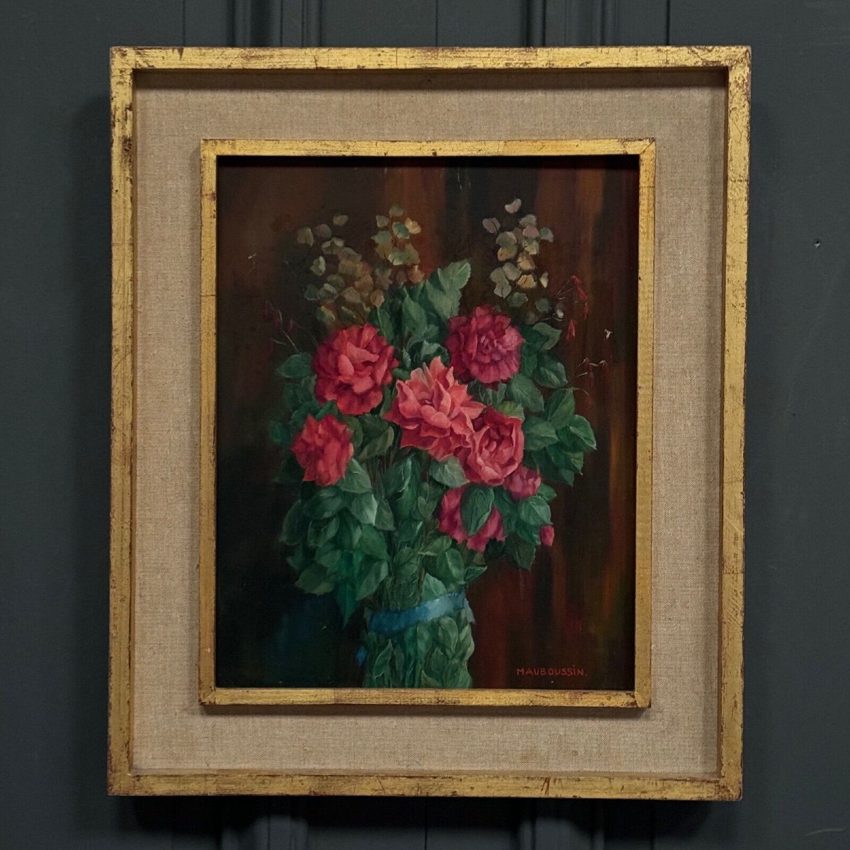 Oil On Wood Still Life Bouquet Of Roses 20th Century By Mauboussin