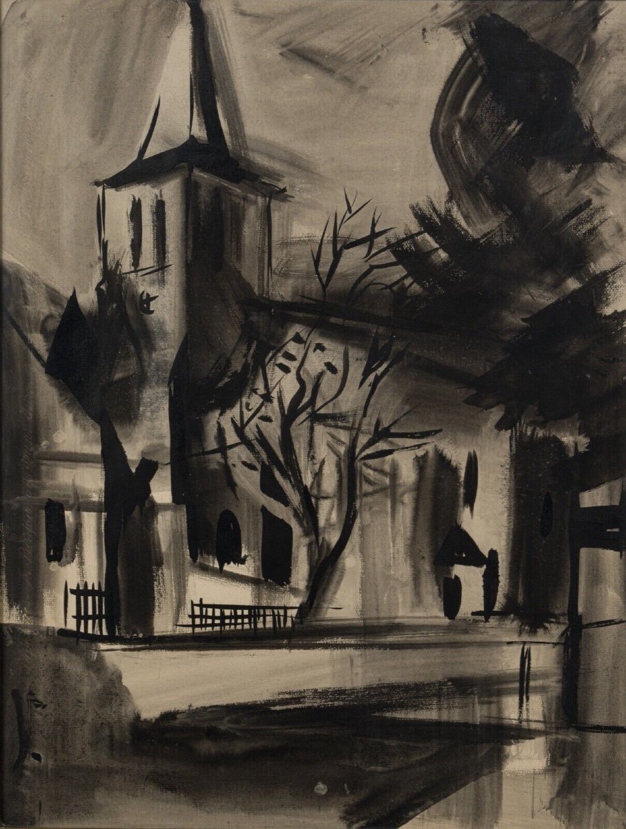 Encre fusain sur papier XXe paysage avec église 1950 -photo-2