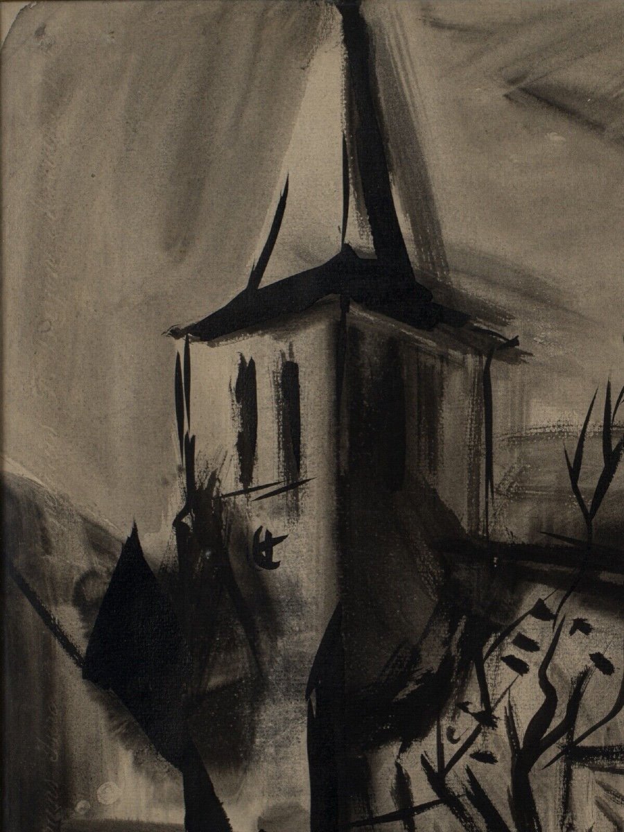 Encre fusain sur papier XXe paysage avec église 1950 -photo-2