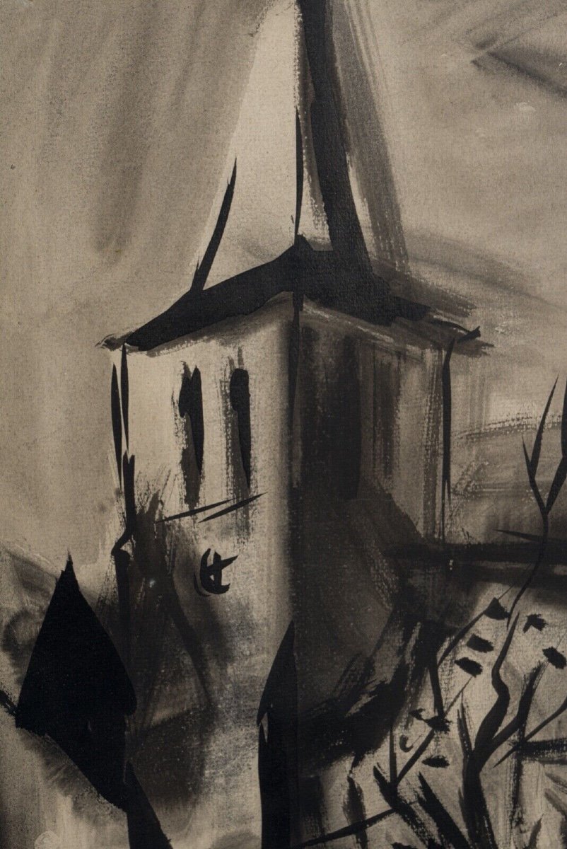 Encre fusain sur papier XXe paysage avec église 1950 -photo-4