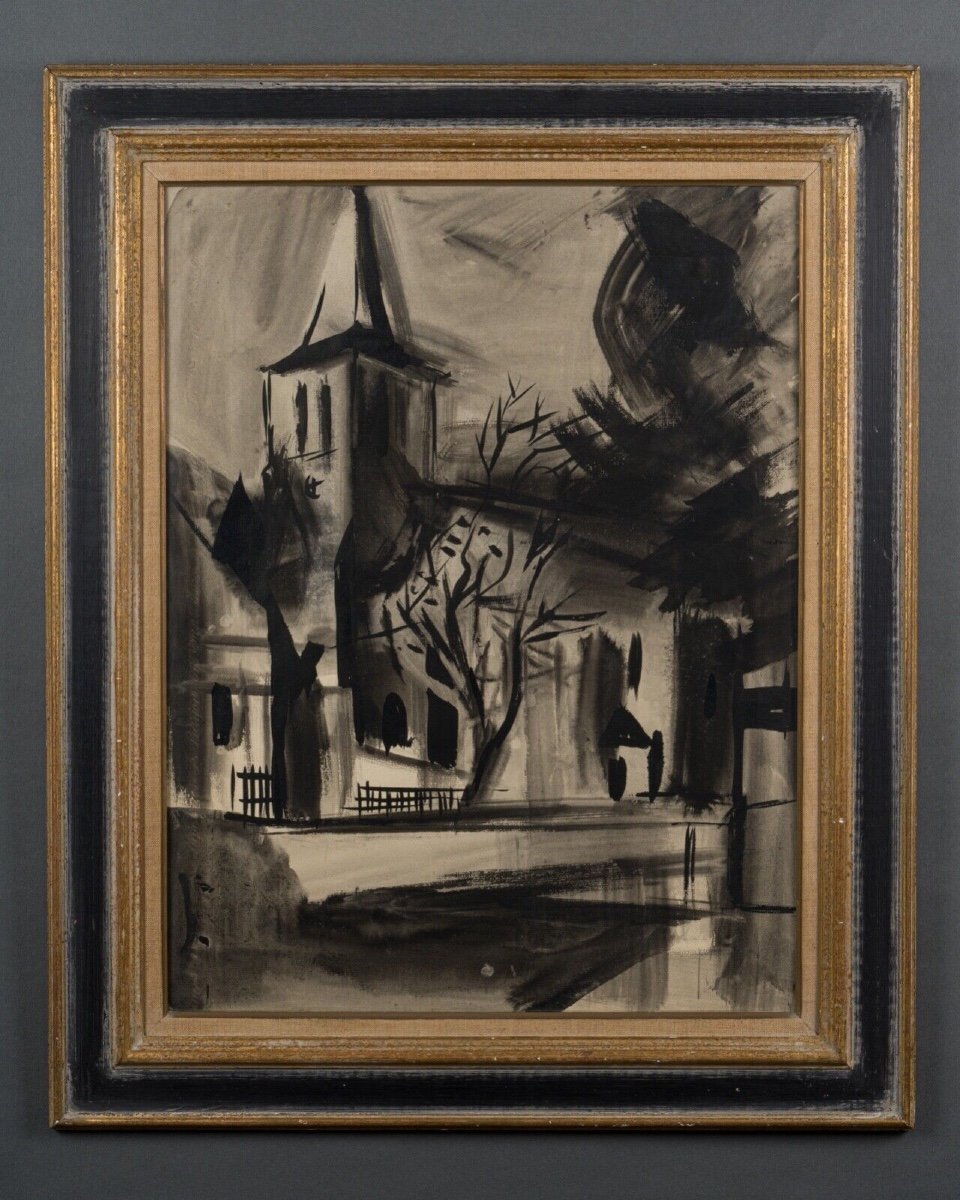 Encre fusain sur papier XXe paysage avec église 1950 