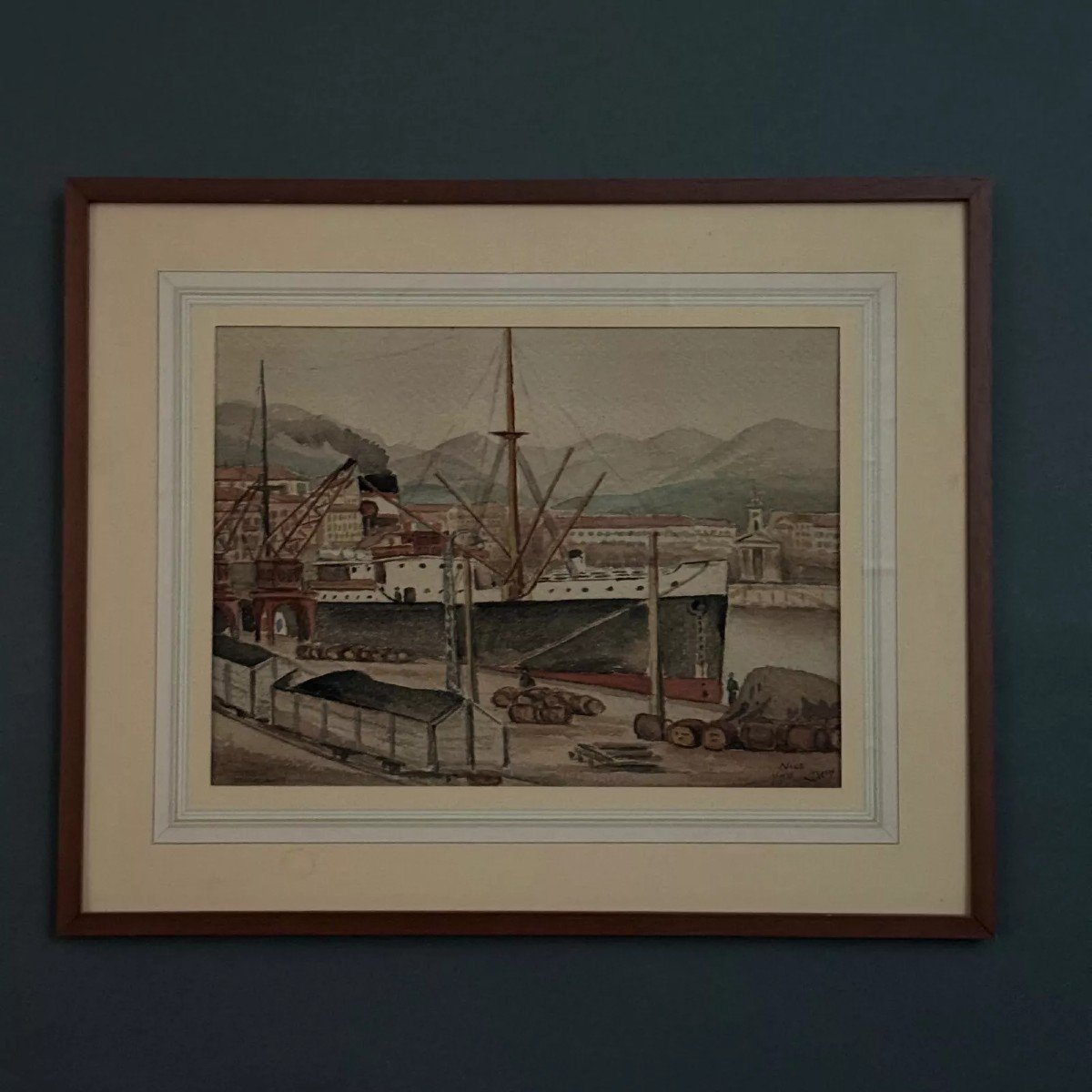 Aquarelle paquebot par Deny Nice 1938 début XXe