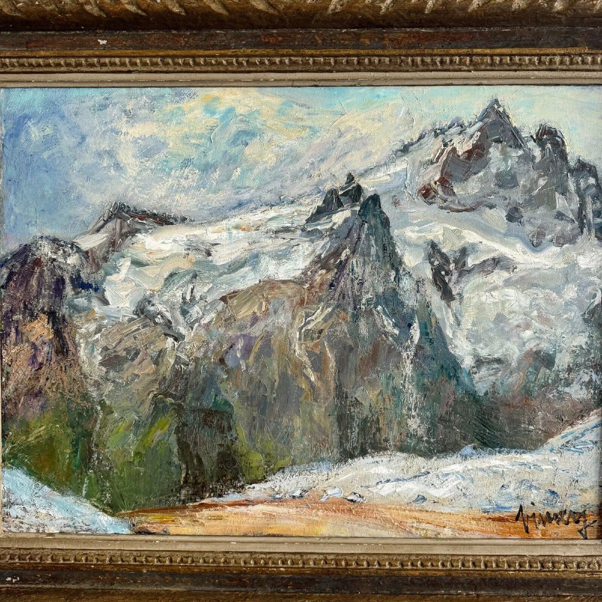 Huile sur toile par Jean Vinay La Meije et la Meijette vue de montagne-photo-3