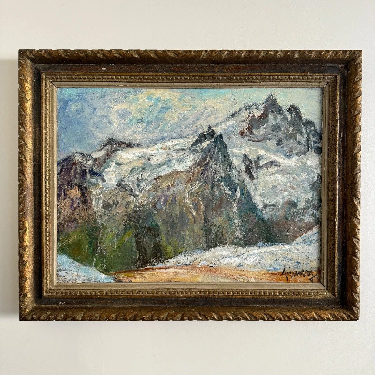 Huile sur toile par Jean Vinay La Meije et la Meijette vue de montagne