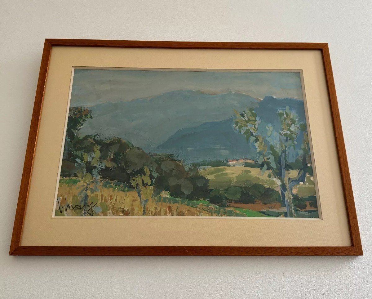 Watercolor On Paper By Jean Vinay Isère Mountain Landscape-photo-3